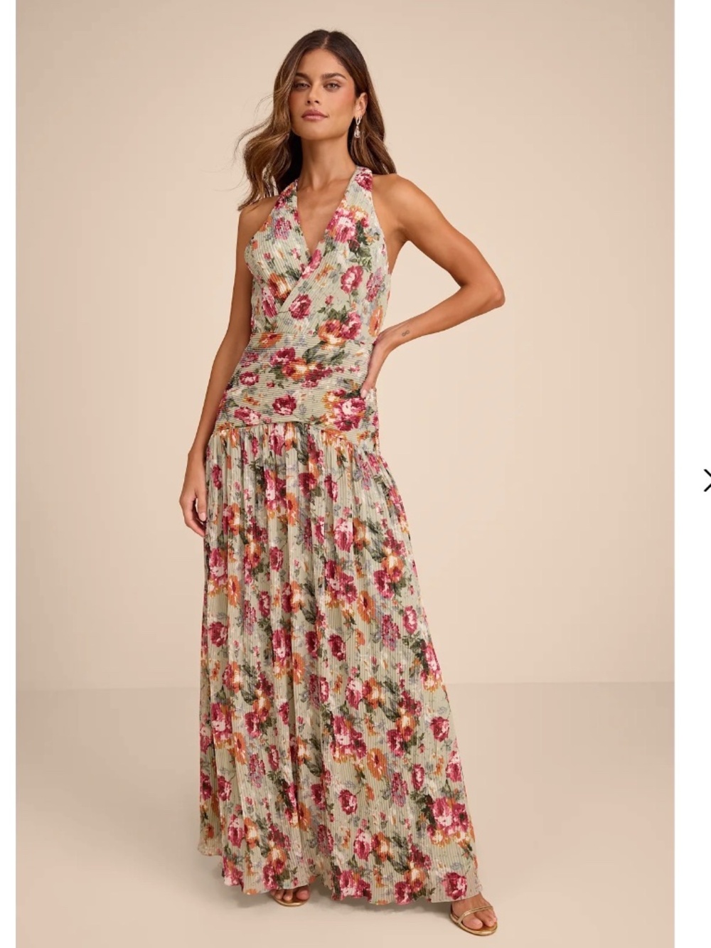 NWT Lulus Sylvanna Sage Floral Halter Drop Waist Maxi Dress S